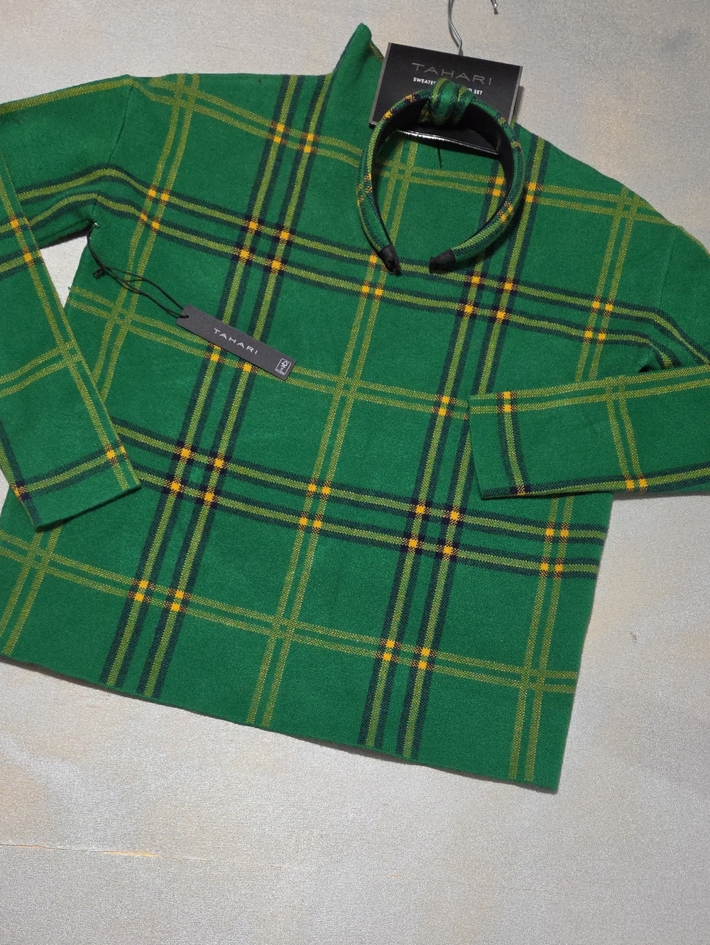 Tahari Green Plaid Turtleneck Sweater with Yellow & Dark Green Stripes